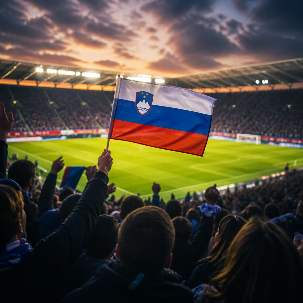 Slovenska zastava ob osvetljenem nogometnem stadionu; ilustrativni prizor.