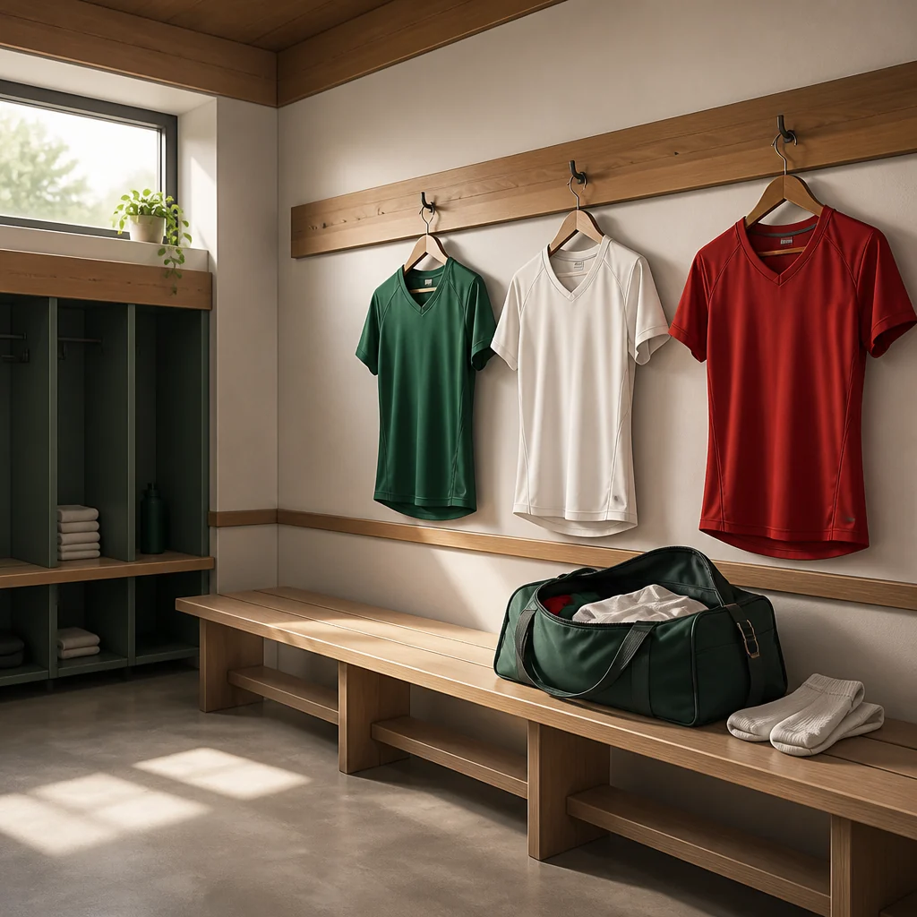UI ilustracija prazne garderobe s tremi enobarvnimi dresi in športno torbo; ni dejanska garderoba reprezentance.