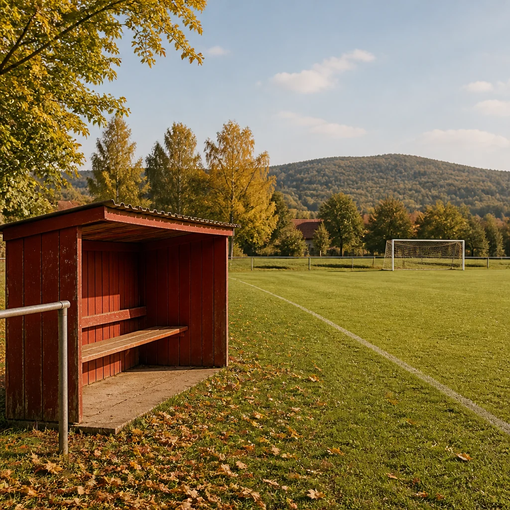 UI ilustracija manjšega jesenskega igrišča s klopjo za rezervne igralce; ni fotografija stadiona Rajko Štolfa.