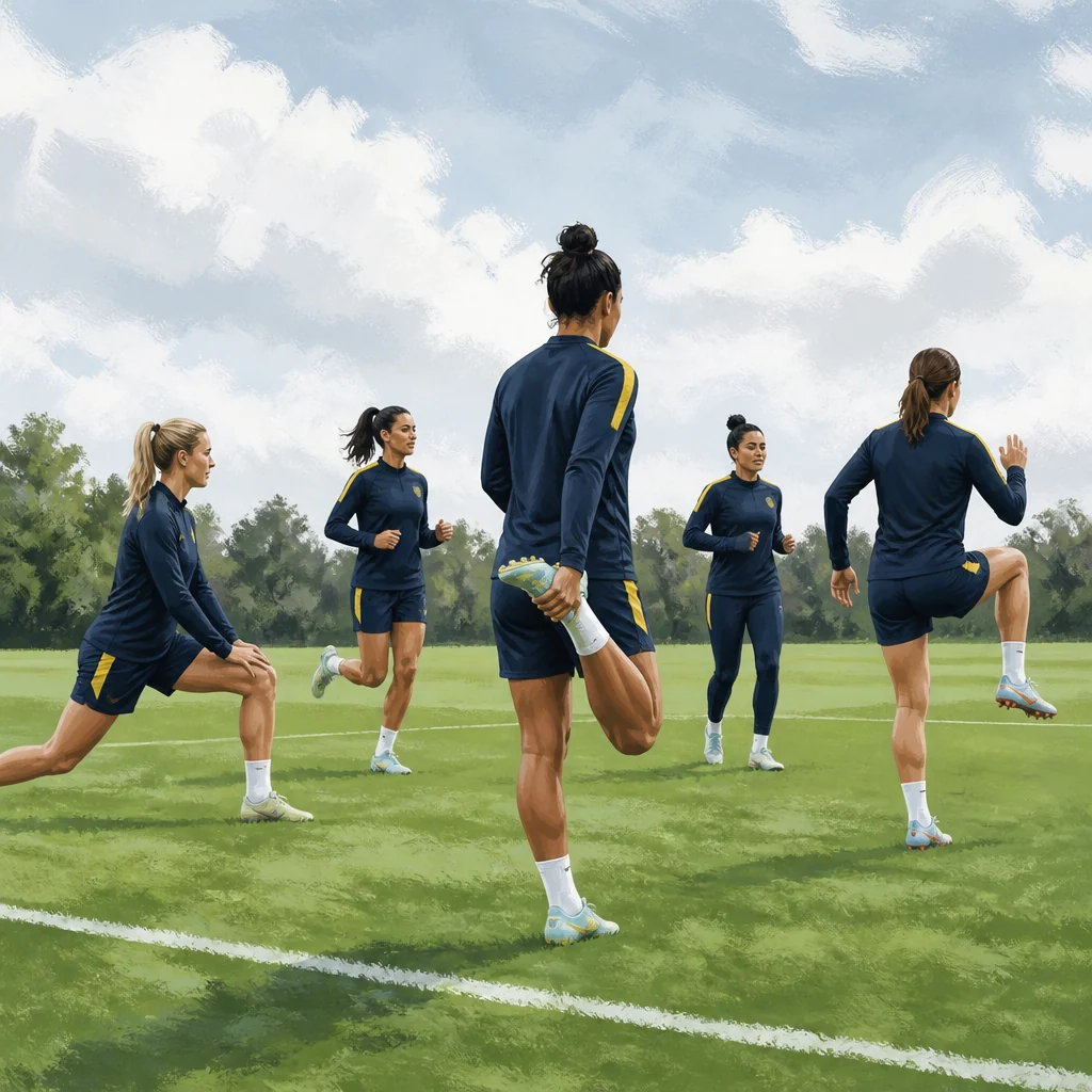 UI ilustracija petih odraslih nogometašic med ogrevanjem; ne prikazuje dejanskih reprezentantk.